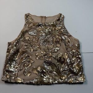 Belle Badgley Mischka Top Womens 6 Gold Sequin High Neck Crop‎ Sleeveless Party